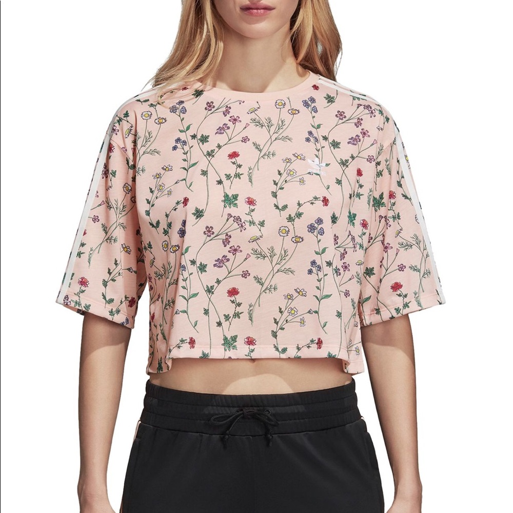 adidas Originals Ain’t No Sunshine Floral Print Cropped Tee in Pink